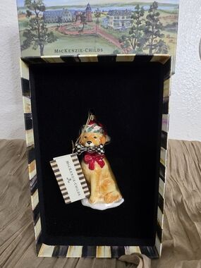 MacKenzie-Childs Golden Retriever Glass Christmas Ornament Courtly Check Boxed